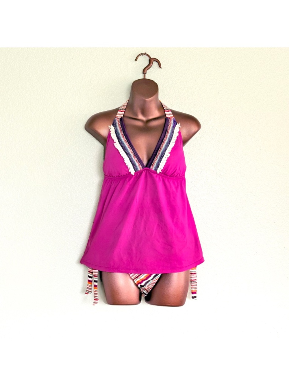 Lucky Brand Mumbai Magic Boho Fringe Magenta Halter Tankini Set Sz D & Med
